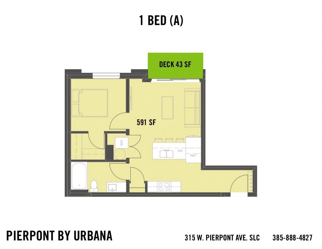 Floor plan for 1 bed, 1 bath, 591 sqft
